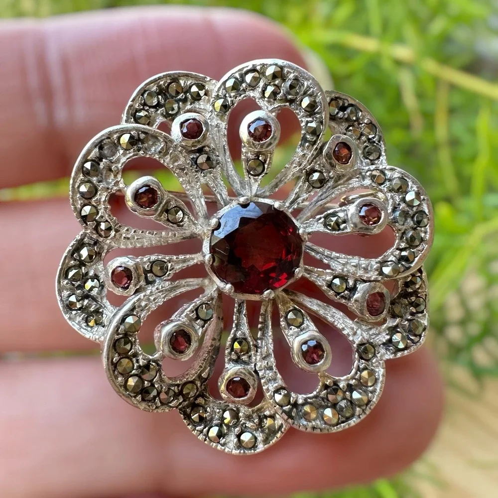 VTG Convertible Brooch Pendant 1.3 Inch Red Garnets Marcasite 925 Sterling 9.3g